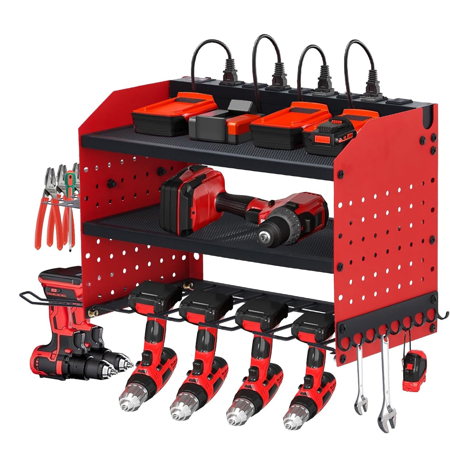 3-Layer Power Tool Organizer Wall Mount Storage Rack w/Charging Station 4 Drills