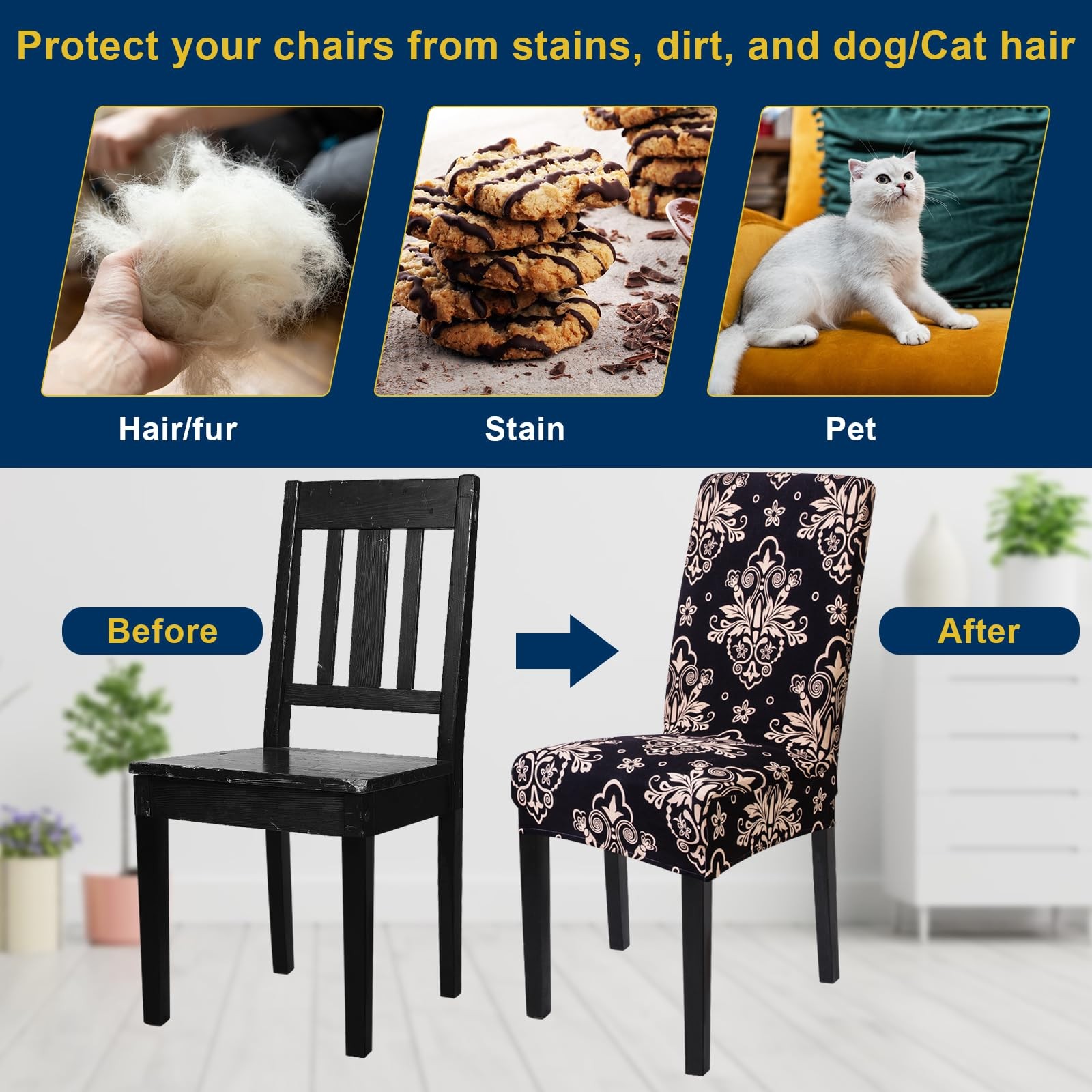 Fafua Chair Covers, Stretch Kitchen Covers/Dining Black Flower