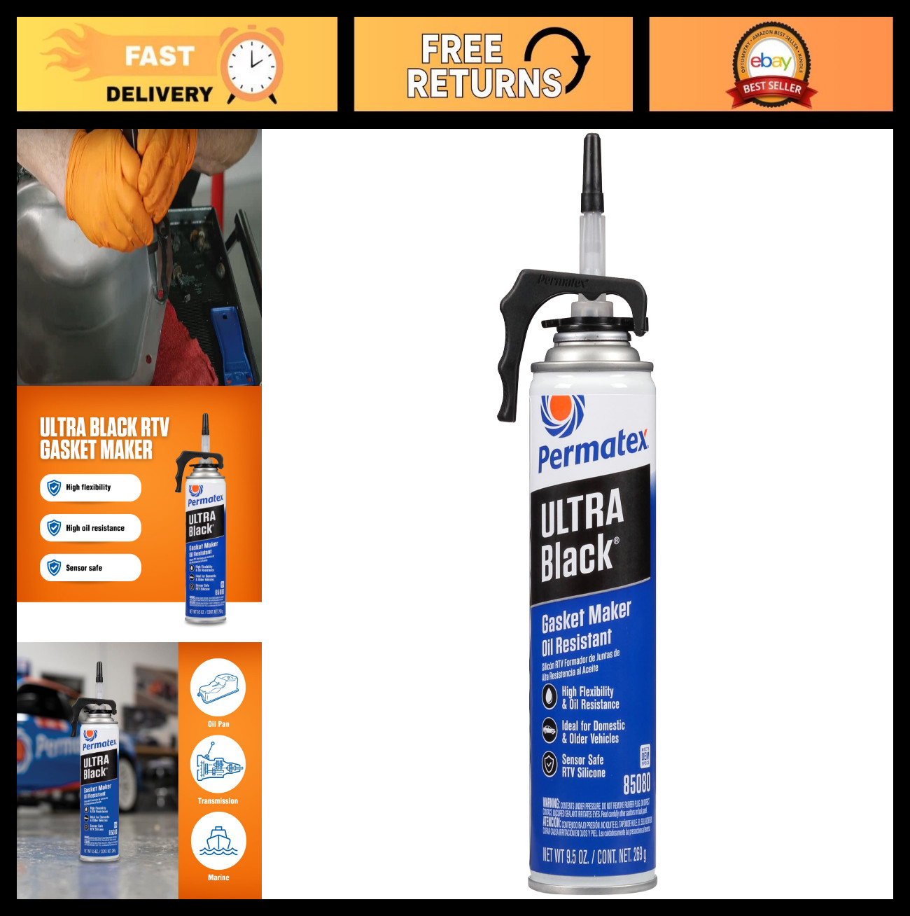 Ultra Black RTV Silicone Gasket Maker - Maximum Oil Resistance, 9.5 oz Can