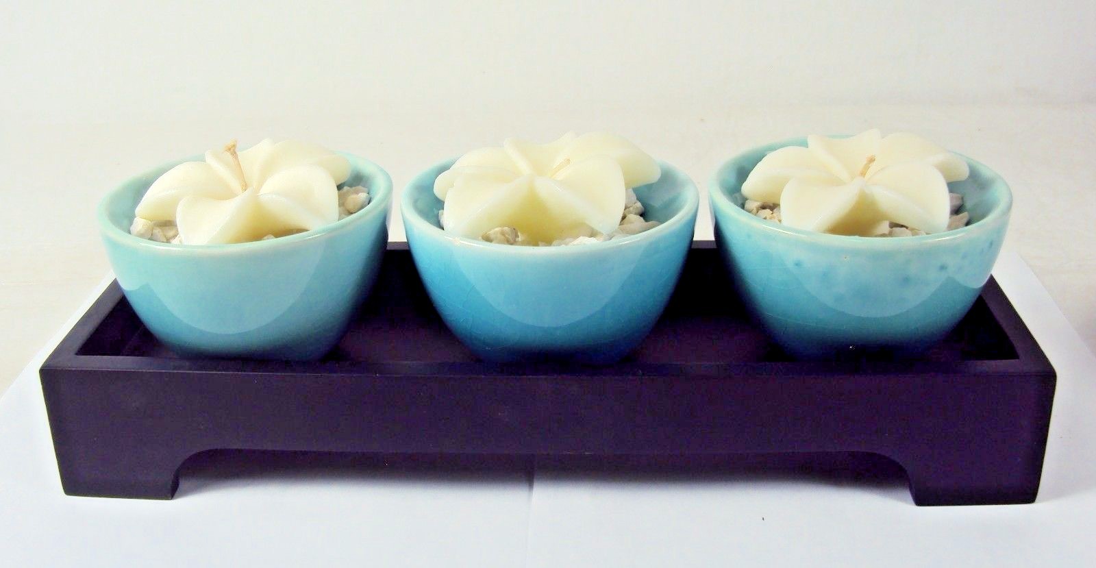 3 Candle Wooden Votive Tray w/Ceramic Bowls, Florettes, & Decorative Gravel
