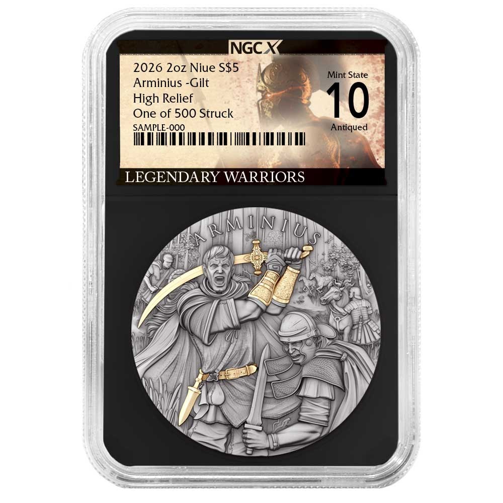 2026 $5 Niue Arminius 2 oz High Relief Silver Antiqued and Gold Gilded NGCX