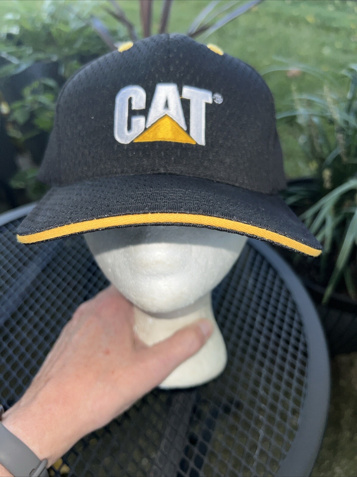 CAT in White w Gold Logo on Black Hat Cap Polyester Mesh Hook Loop CAT Licensed