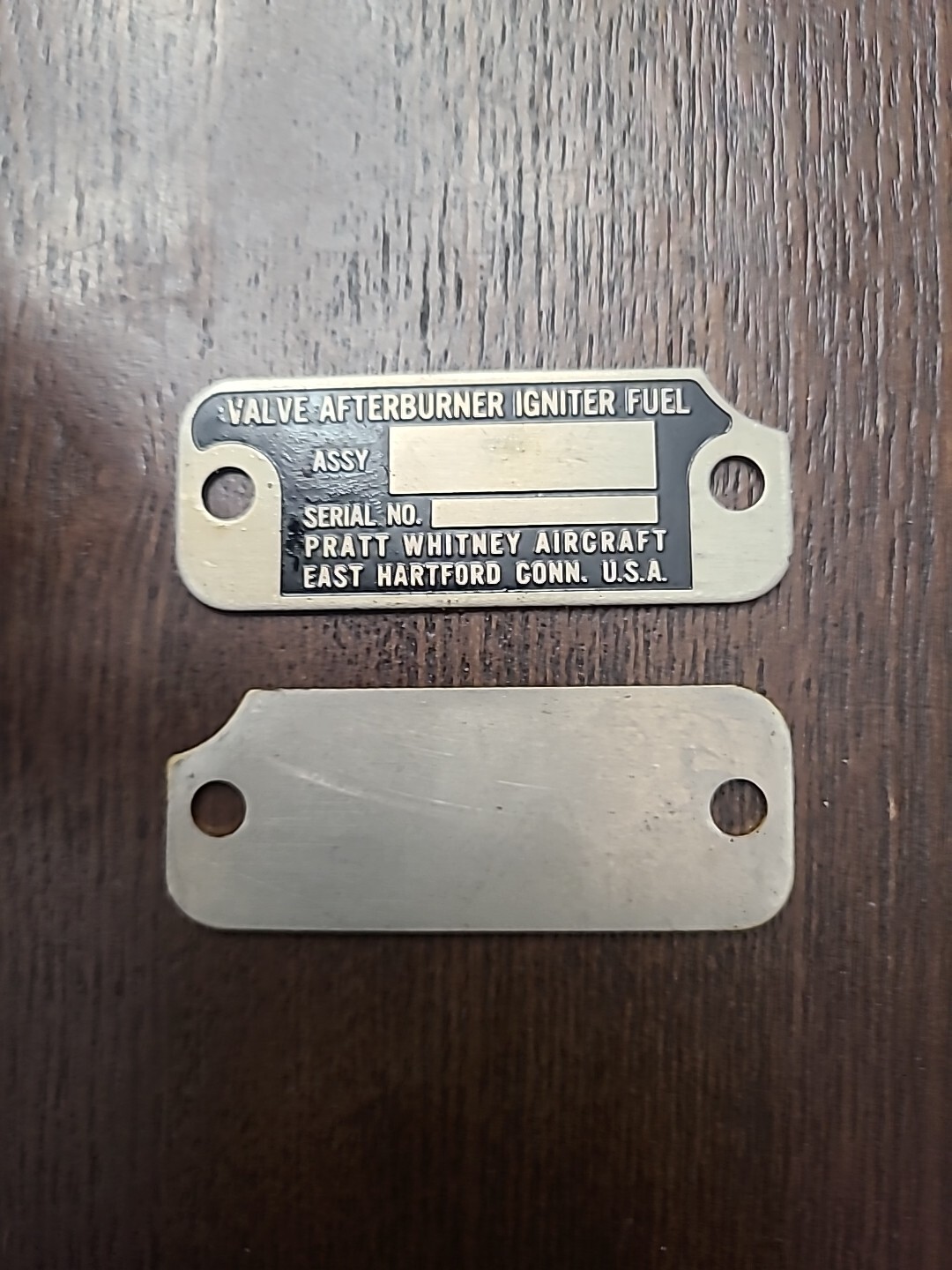 Pratt Whitney Afterburner Fuel Igniter Valve Data Plate/ Keychain