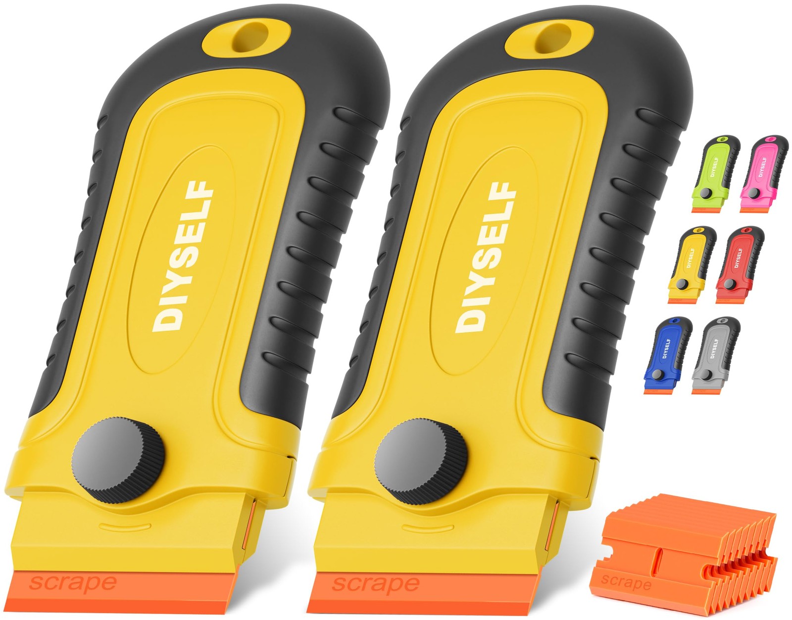 DIYSELF 2 Pcs Plastic Razor Blade Scraper with 2 Pack, Yellow-plastic Blades