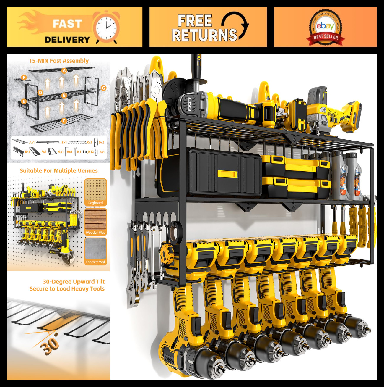 Heavy Duty Wall Mount Power Tool Organizer - 3 Layer Cordless Drill Storage Rack
