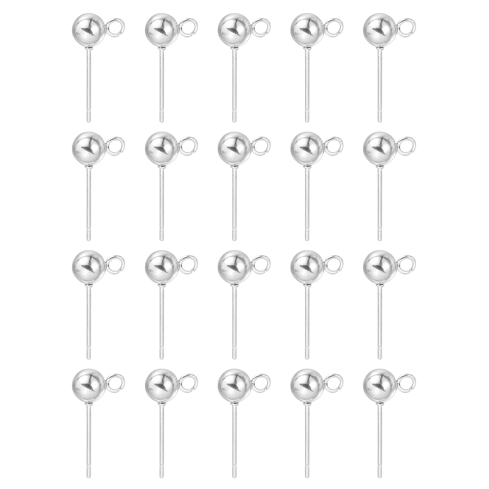 20Pcs Ball Post Stud Earrings, 17x5mm Round Ear Pin with Vertical Loop, Silver