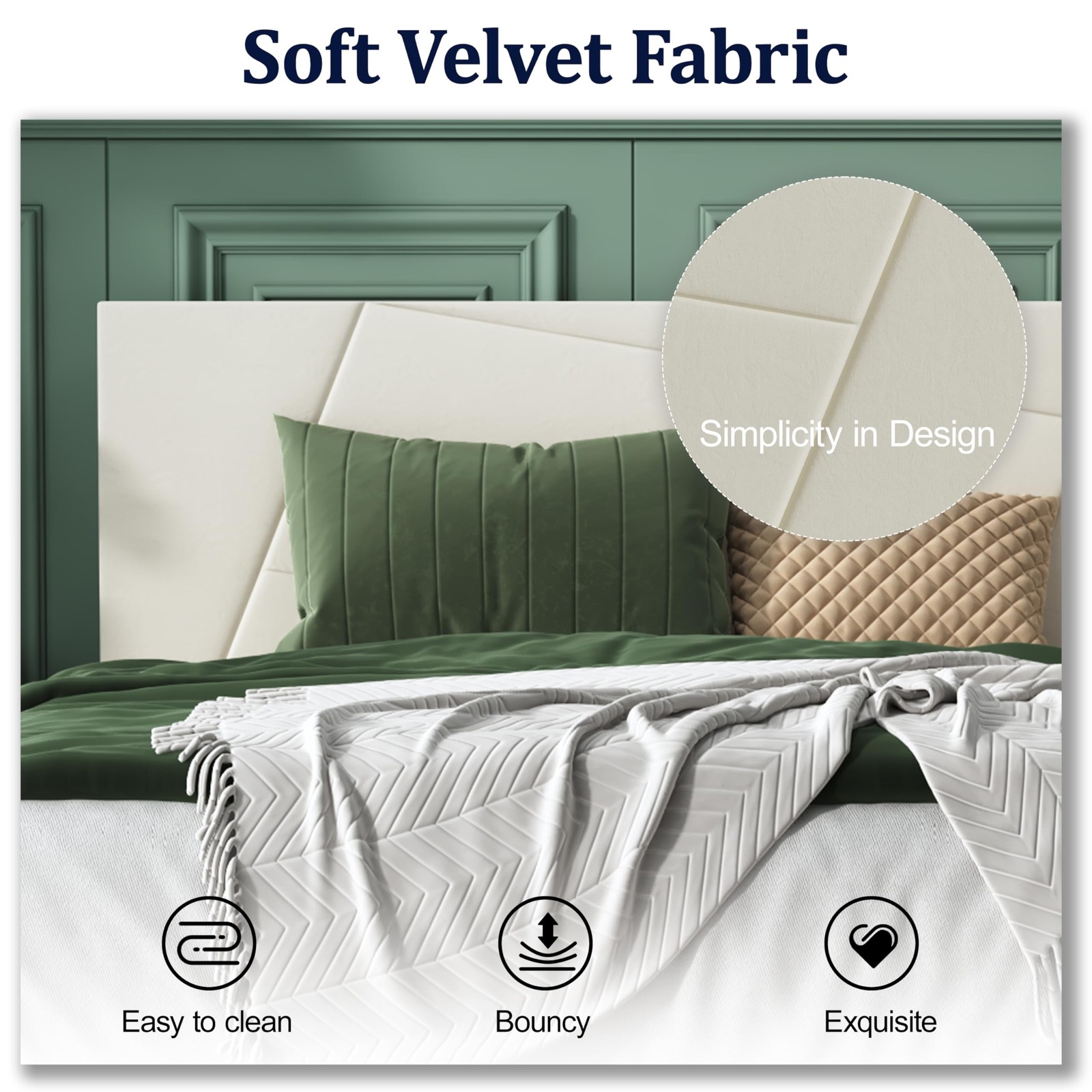 Full Size Bed Frame Platform with Velvet Upholstered Headboard, Geometric, St...