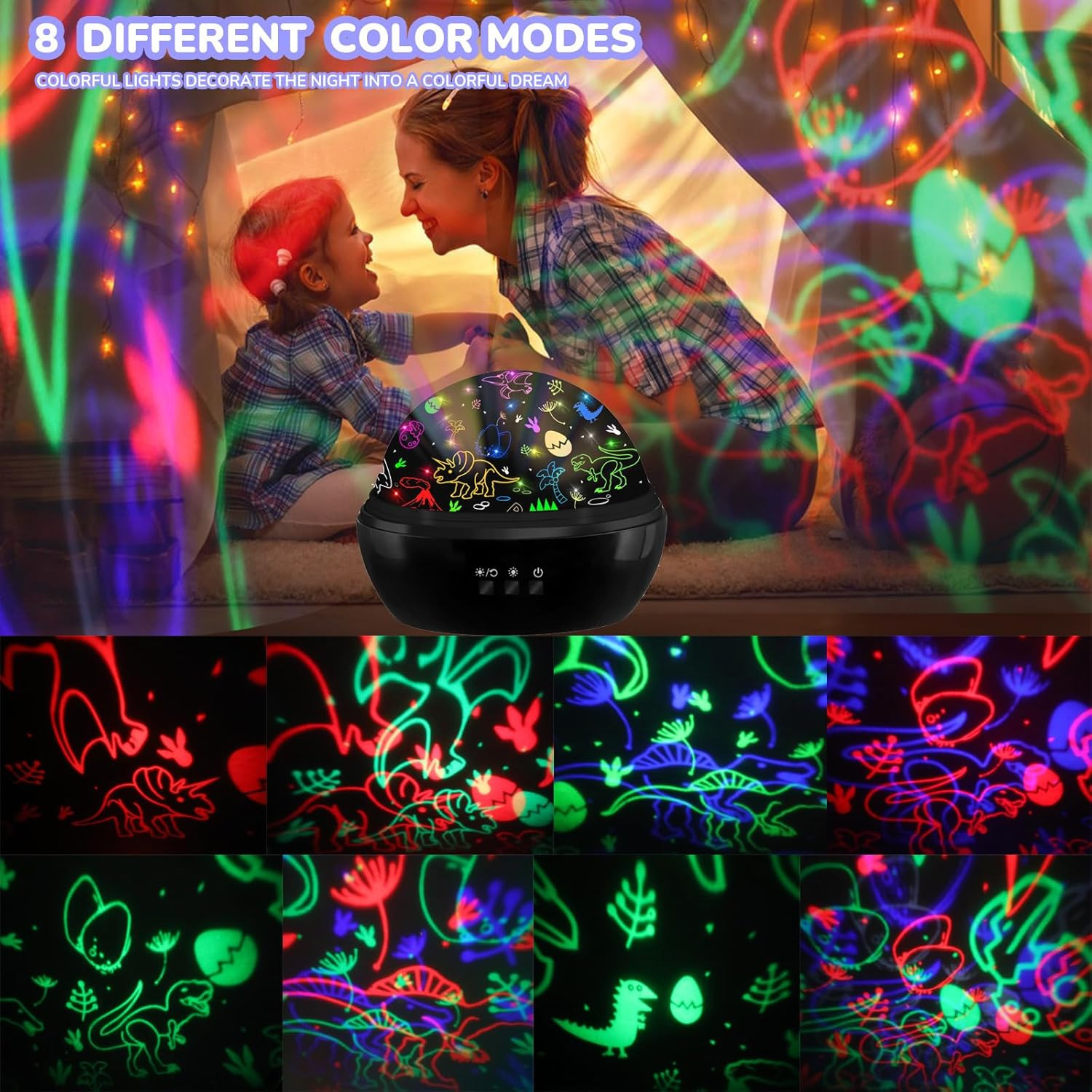 Night Light for Kids,2 in 1 Rotating Projector Lamp with Dino&Vehicles Theme,2 W