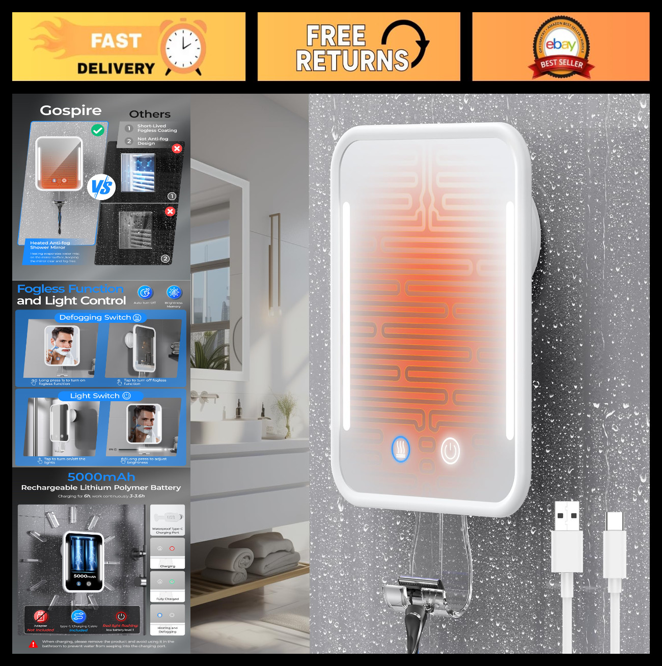 Fogless Heated Shower Mirror with Light, Rechargeable Battery, Suction Cup & Raz