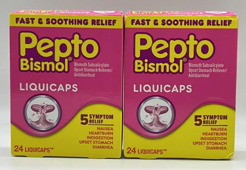 2PK Pepto Bismol Liquicaps 5 Symptom Relief 262 MG ~ 24 Liquicaps EA ~ EXP 7/26