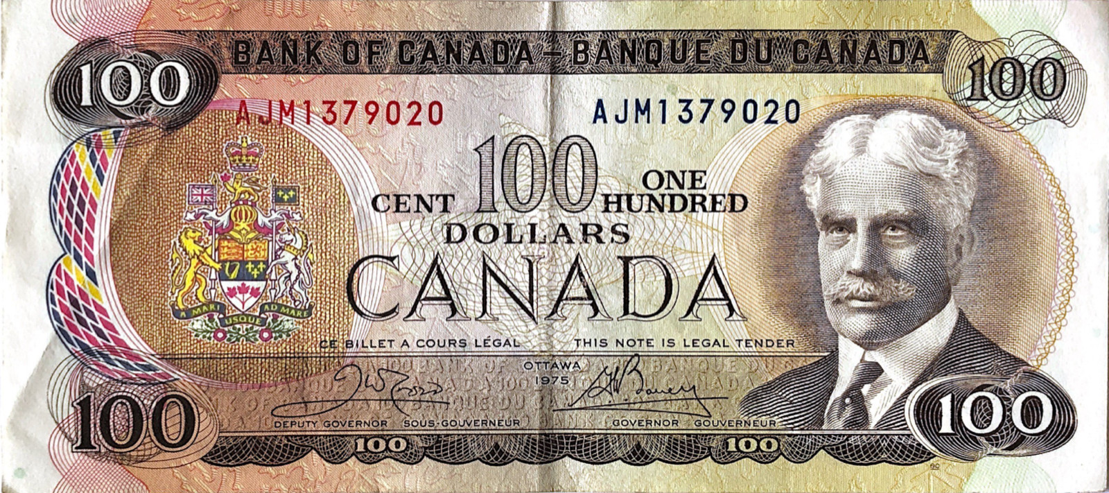 **1975**Canadian $100 Dollar Note Crow-Bouey circulated AJM1379020