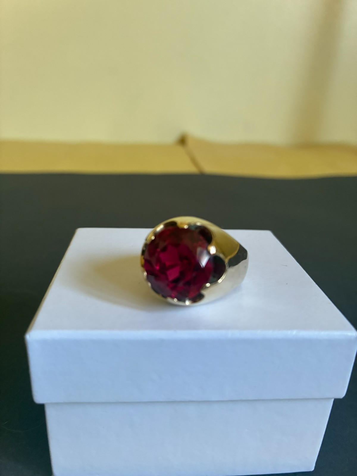 Men's 10K Gold Ring + Lab Created Ruby/Garnet Stone (Preowned)