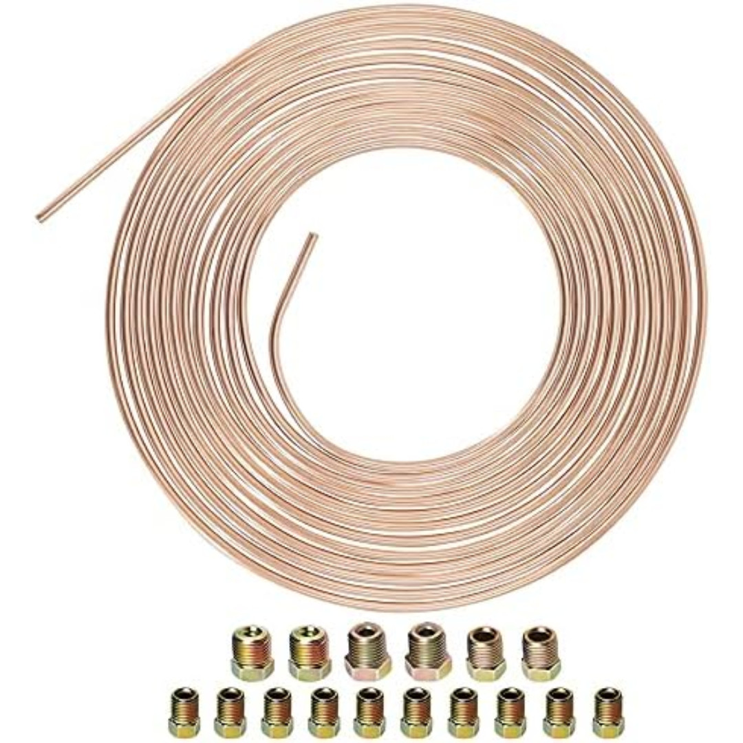 25 Ft. 3/16 OD Copper Nickel Brake Line Tubing Coil and Fitting Kit, 25 Ft of 3/