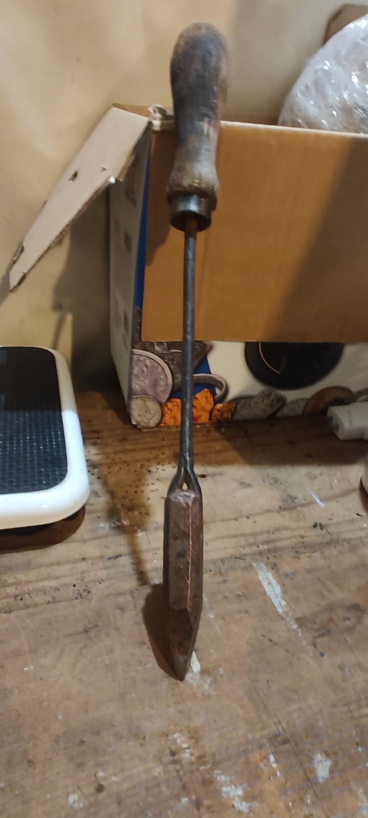 Soldering iron, flame heated copper tip with wood handle, Initial D.A.E .D