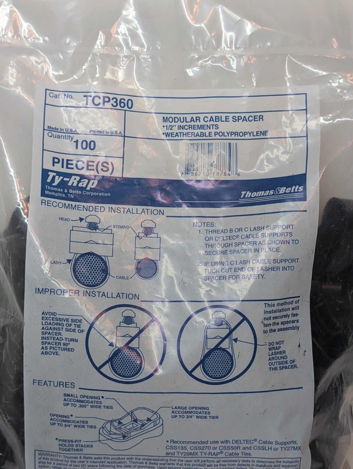 Thomas & Betts TCP360 Modular Cable Spacer Weatherable Polypropylene Qty 100