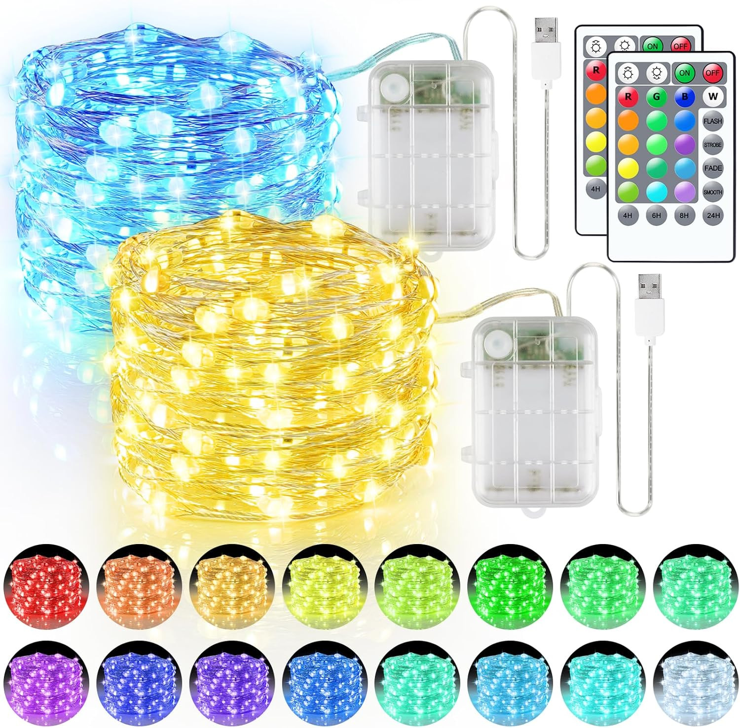 33Ft 100LED Fairy Lights Battery Operated, 2 Pack 16.5Ft 16 Color Changing Strin