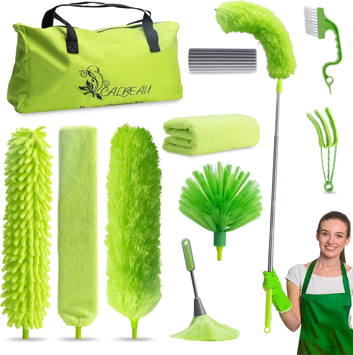 11PCS Microfiber Feather Duster Kit w/ Extension Pole Bendable Washable Cleaning