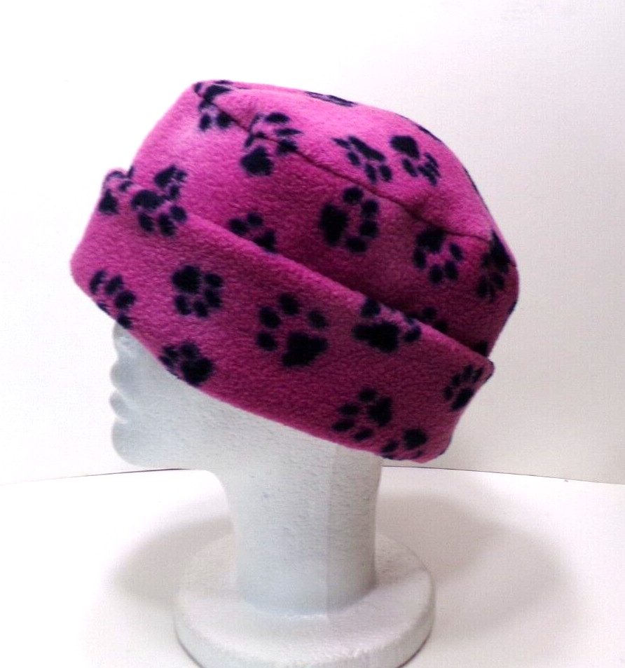 PURPLE  DOG  PAWS     FLEECE ROLLED BRIM WINTER HAT THERMAL STRETCHY  h88cr
