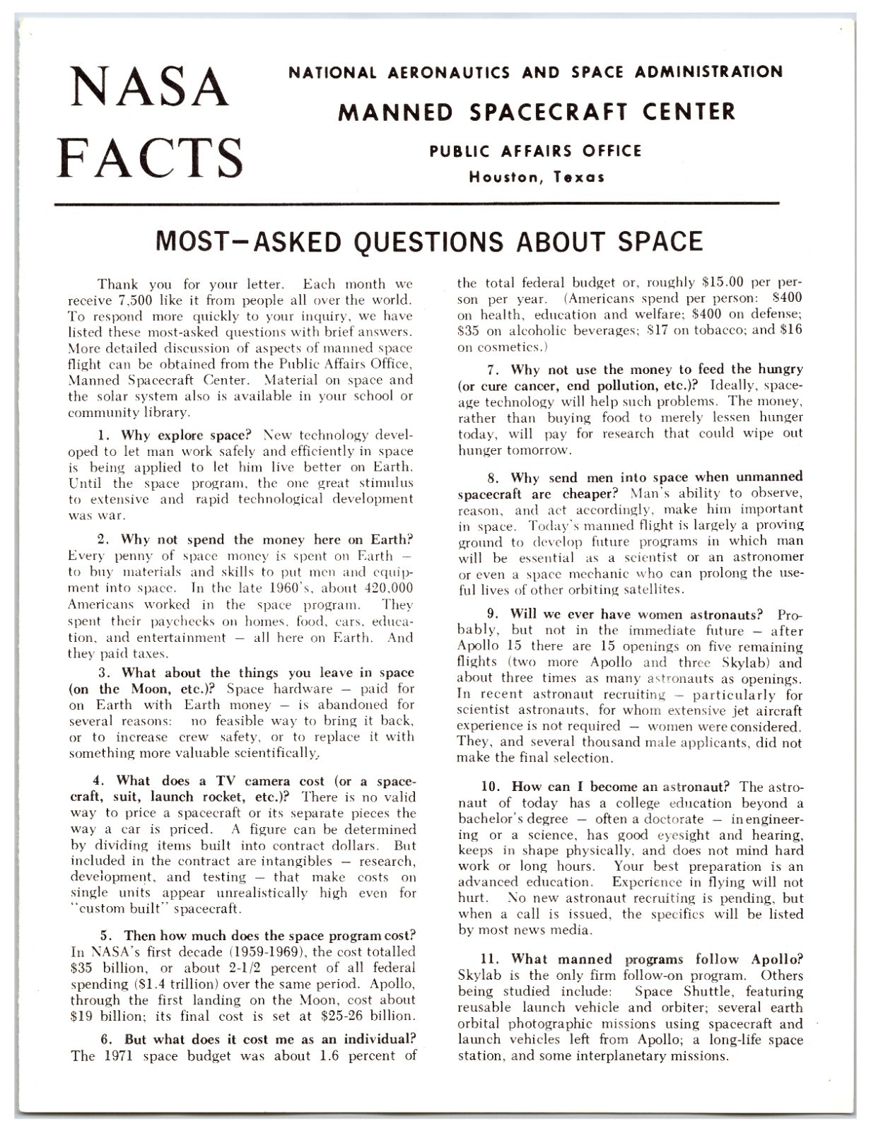 NASA Facts - Most Asked Questions About Space (Public Affairs Office Papers)