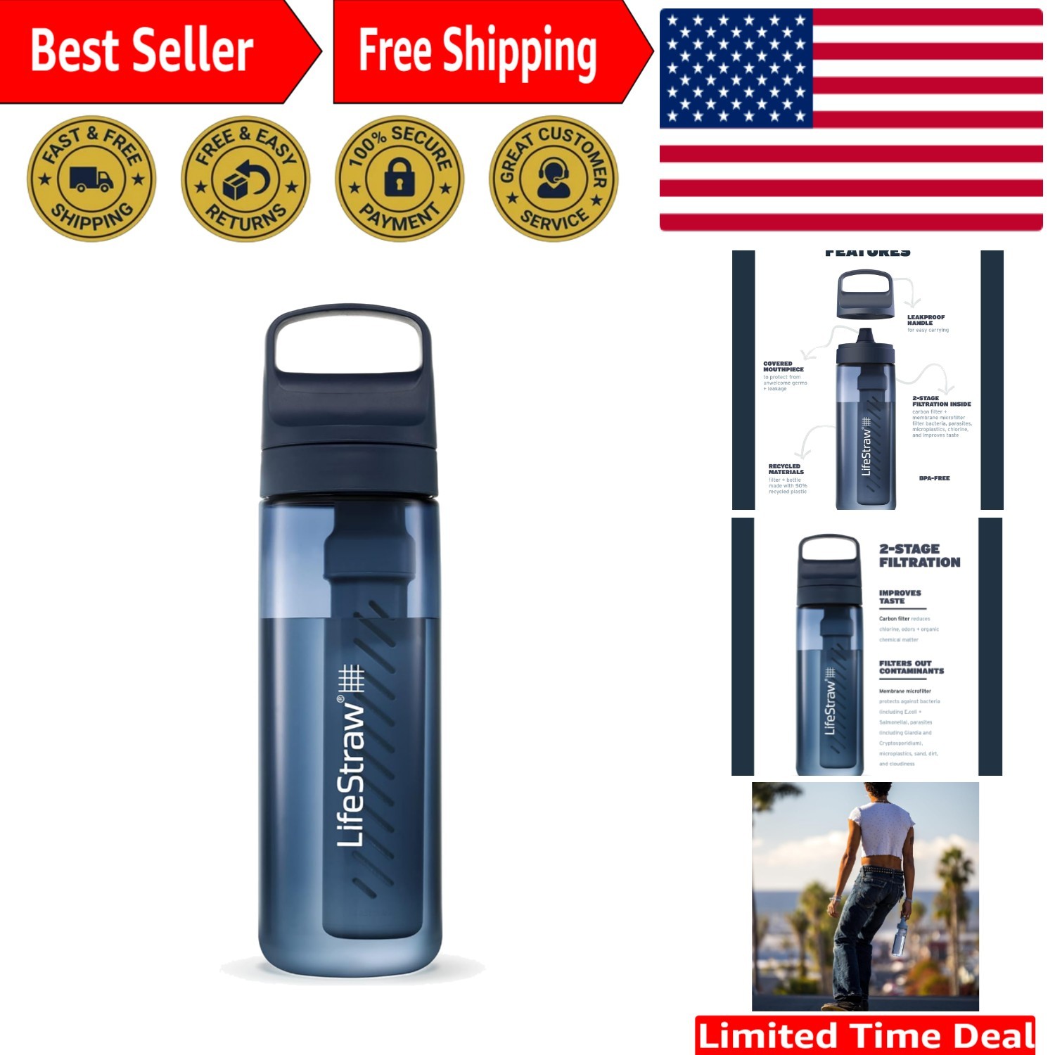 Travel-Safe Go Series Water Filter Bottle - 22oz BPA-Free & Filters Contaminants