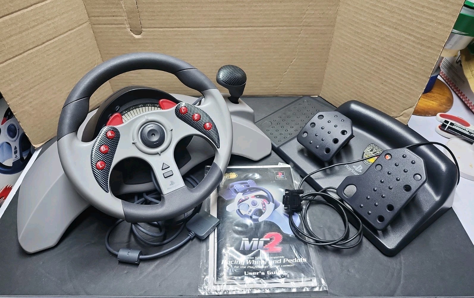 PlayStation Mad Catz MC2 Racing Steering Wheel Pedals PS1/PS2 W OEM Box Manual