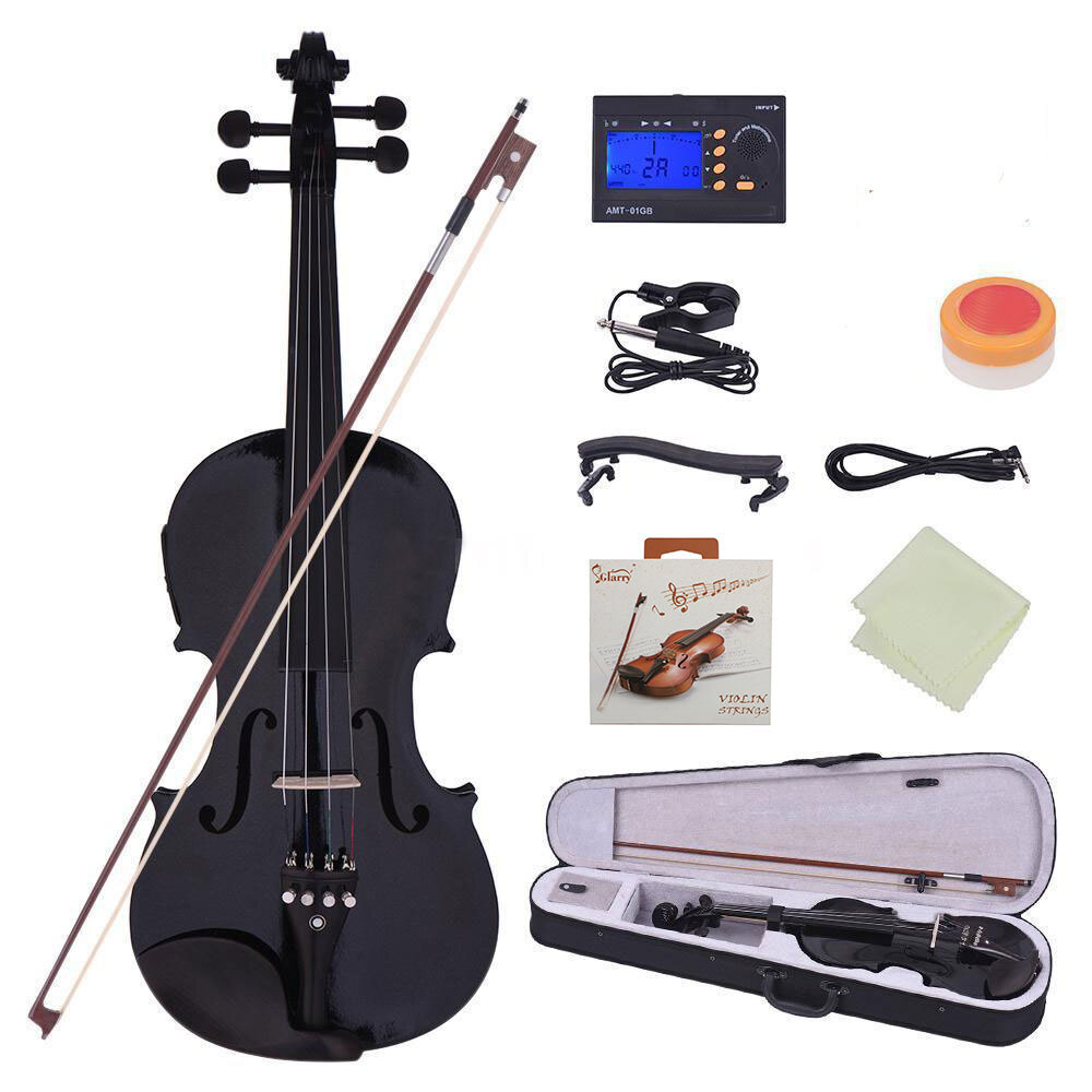 New 4/4 Full Size EQ Violin with Case Bow Strings Shoulder Rest and Tuner Black