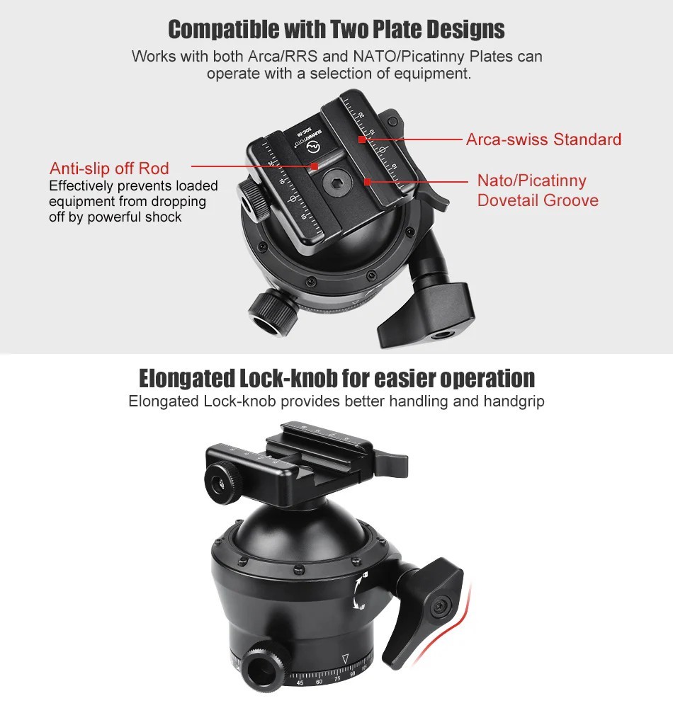 SUNWAYFOTO XB-60 60mm Low Profile Tripod Ball Head Picatinny / Arca Lever Clamp
