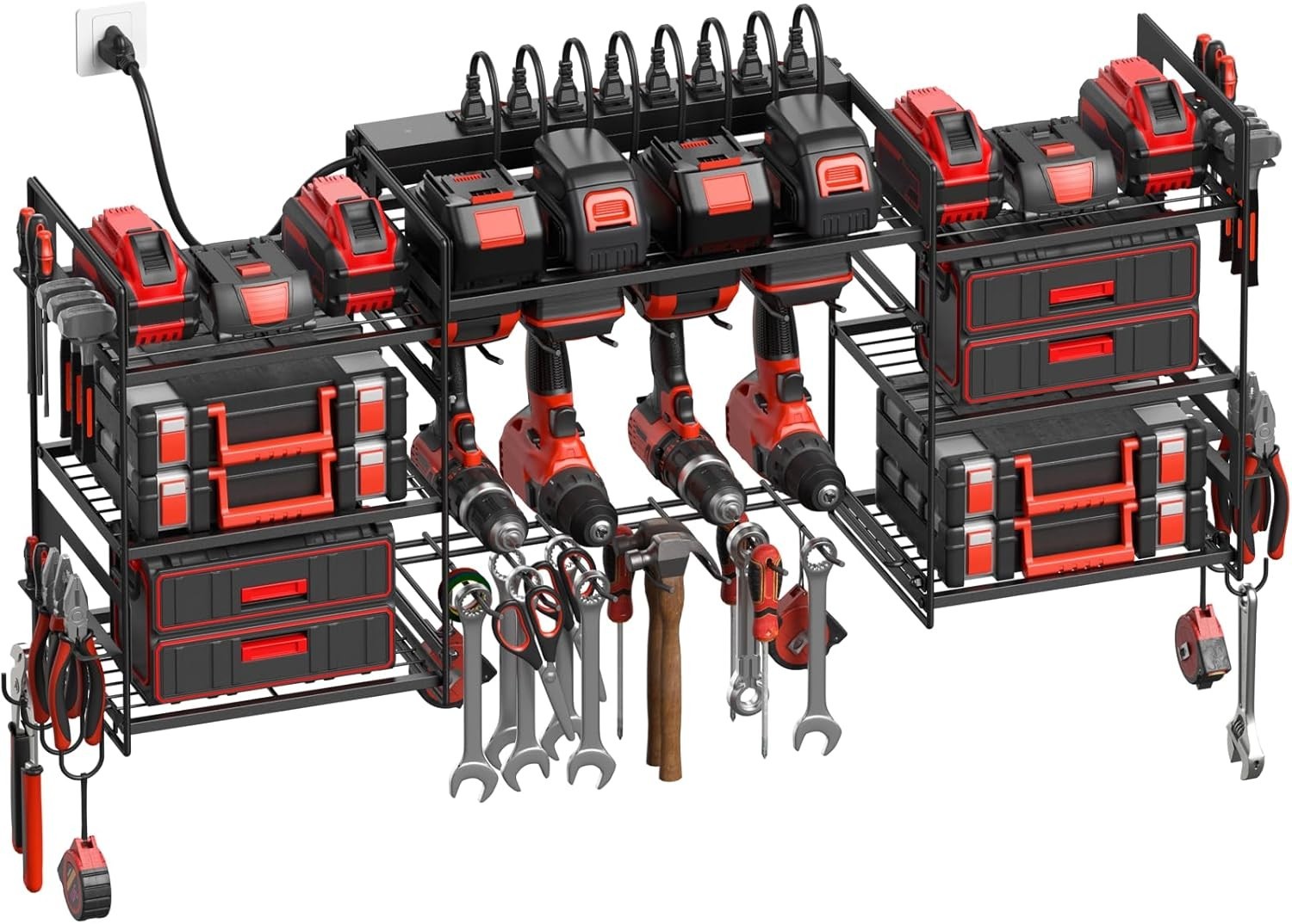 Black Power Tool Organizer Wall Mount, Large Tools and Battery Storage Rack C...