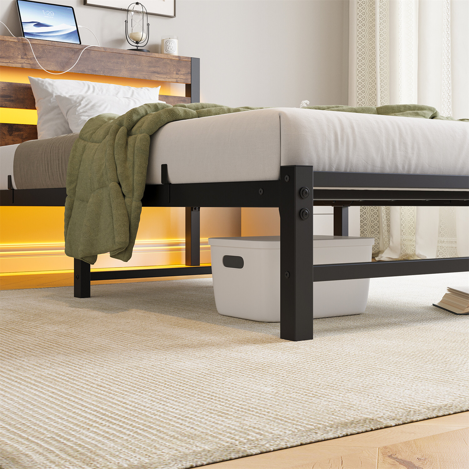 Twin/Full/Queen Size LED Bed Frame Metal Platform Bed w/ Headboard & USB Port US