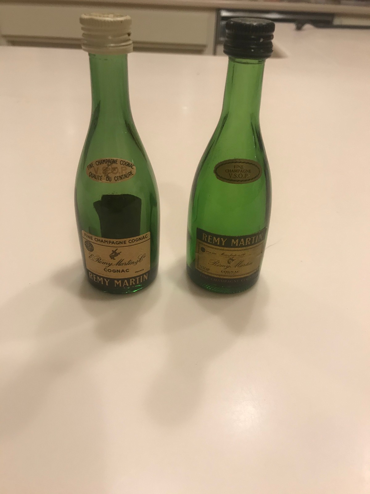 2 EMPTY Remy Martin Cognac Mini Liquor Bottles- green vintage France airplane-LN