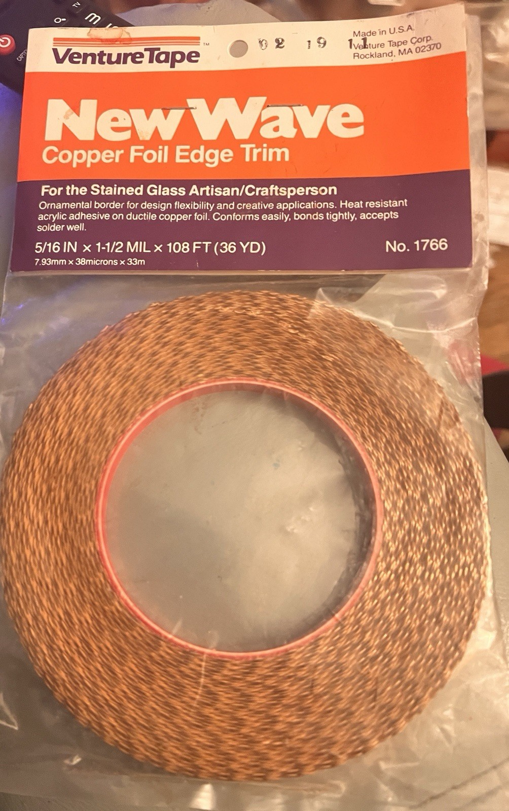 Copper Foil Tape -For Stained Glass Trim Tape 5/16 In x 1-1/2 Mil x 108 New