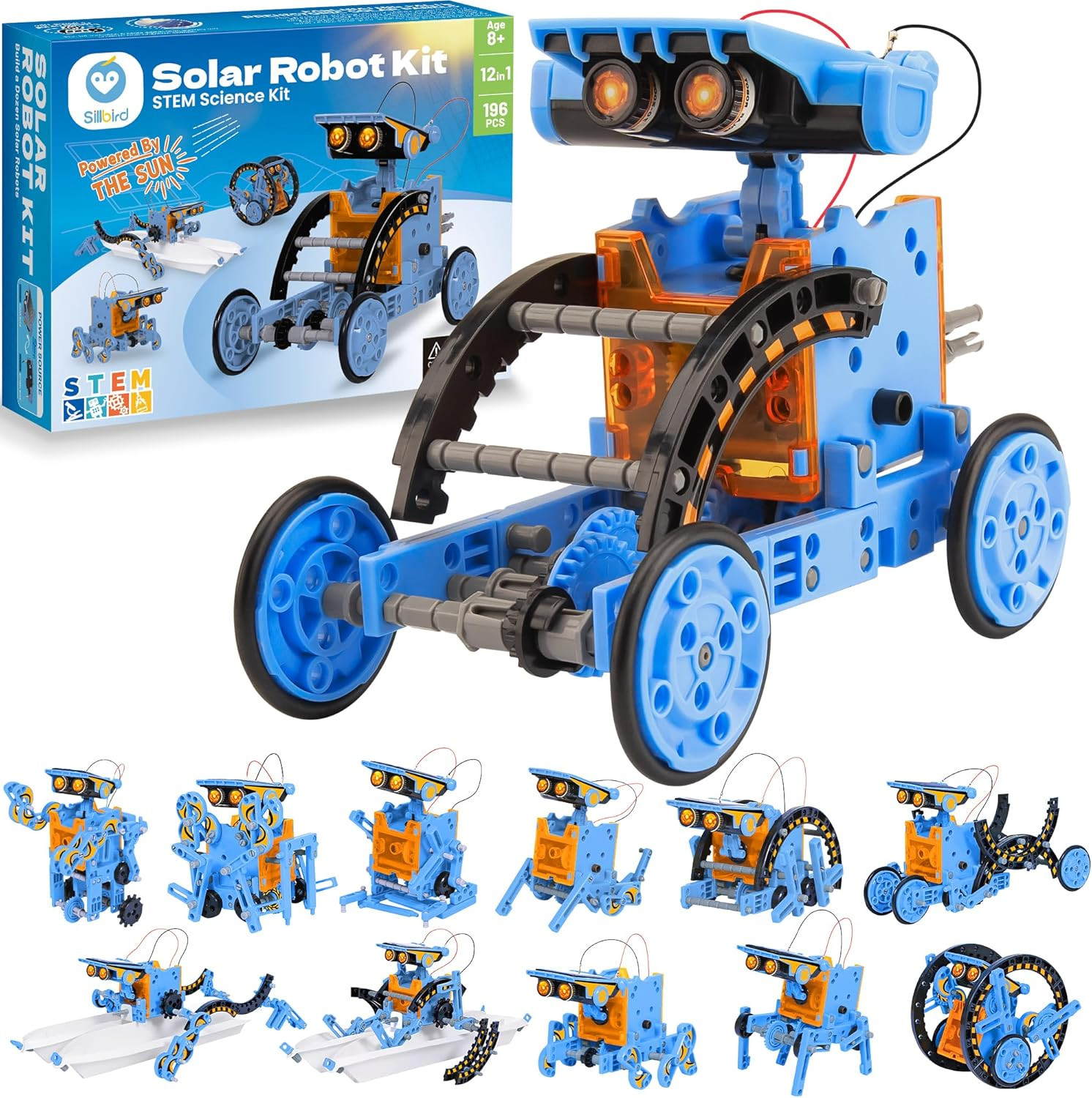 Solar Building Robot Kit 12-In-1 STEM Gift for Boys Ages 8-13 | Sun or Battery P