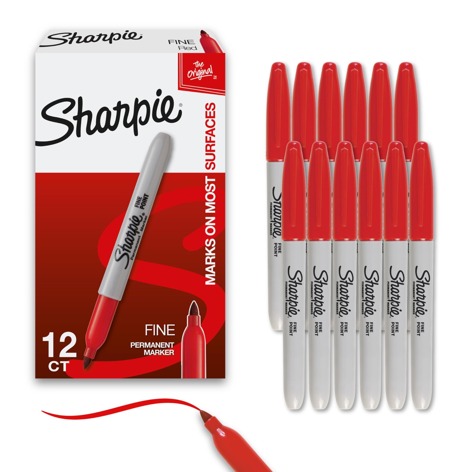 Sharpie Permanent Markers 12 Count Red Fine Tip Quick Dry Resists Water Fading