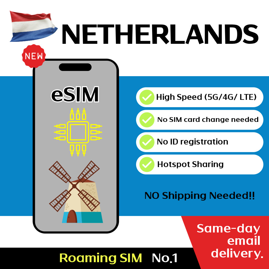 Netherlands + Europe Travel eSIM - 30 Days - 20GB / 30GB / 50GB, Unlimited