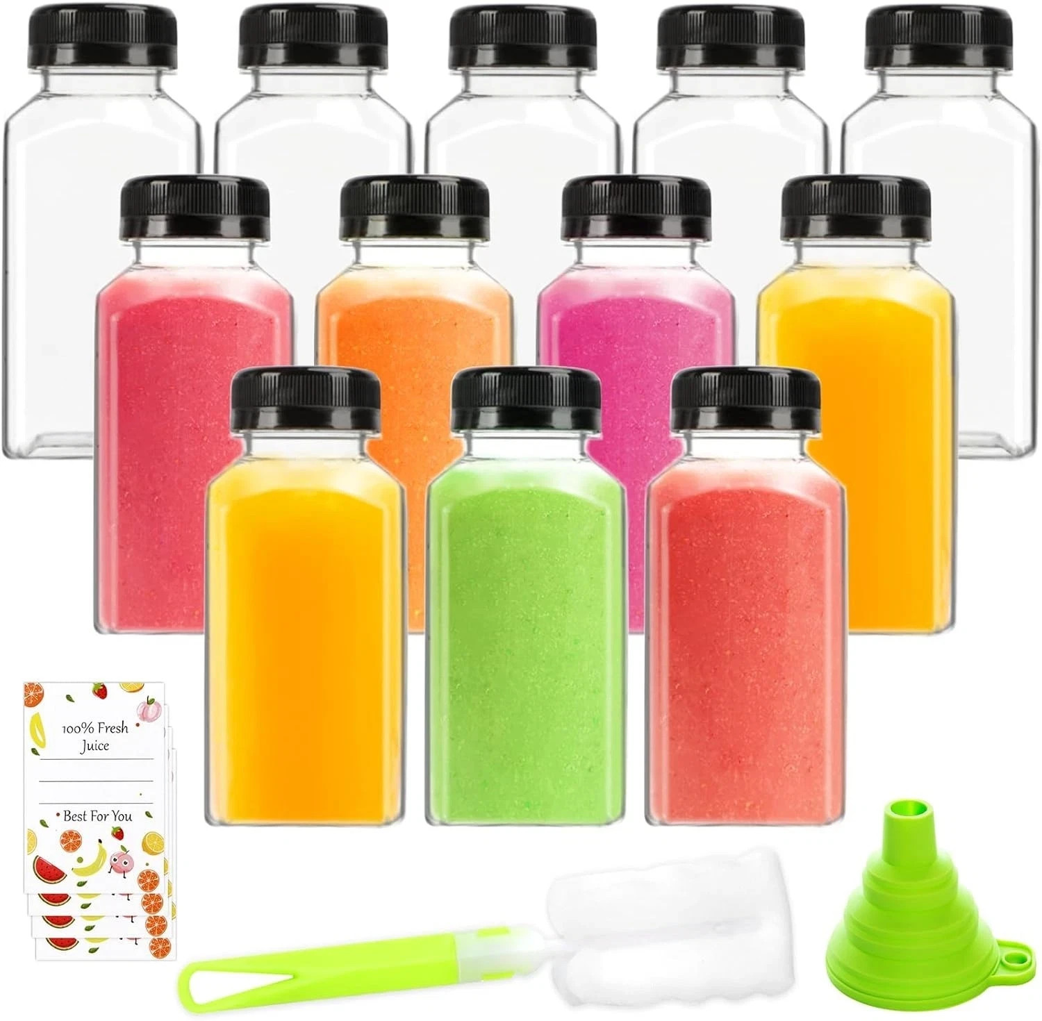 12 Pack Juice Bottles 8oz BPA-Free Plastic Bottle with Leak-Proof Lids Reusable