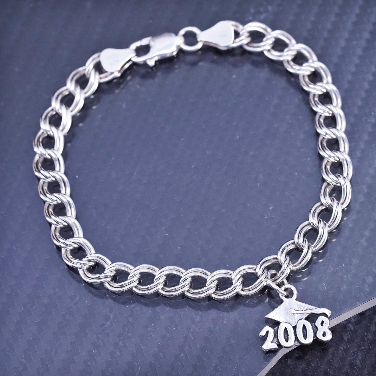 7.5" sterling silver 925 double curb chain bracelet 2008 graduation’s cap