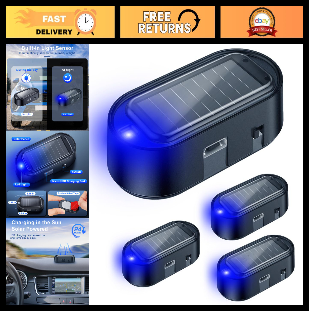 Solar-Powered Dummy Car Alarm LED Security Light, Anti-Theft Flashing Warning, 4