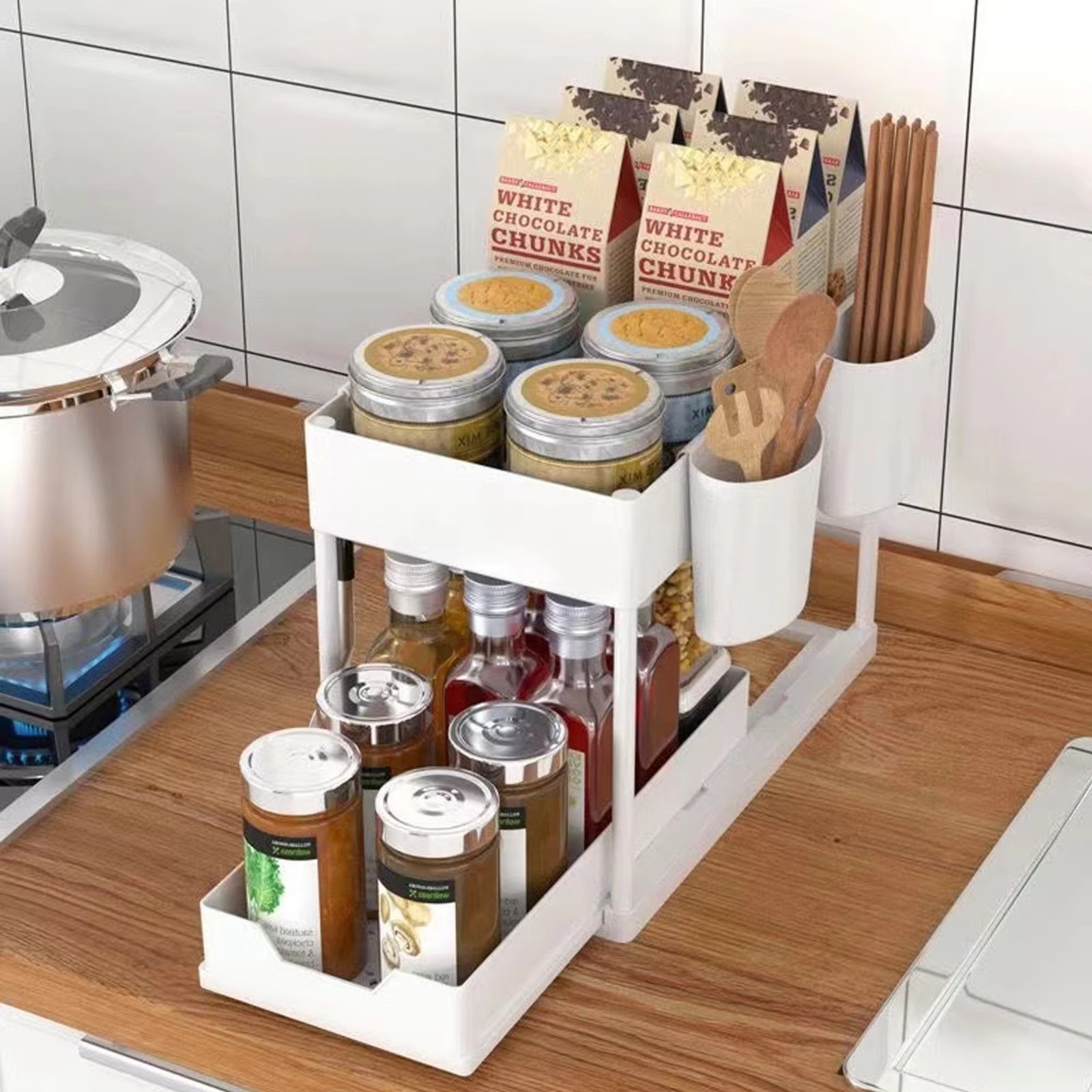 Double Layer Pull Out Kitchen Storage Rack Under Sink Organizer with Hooks