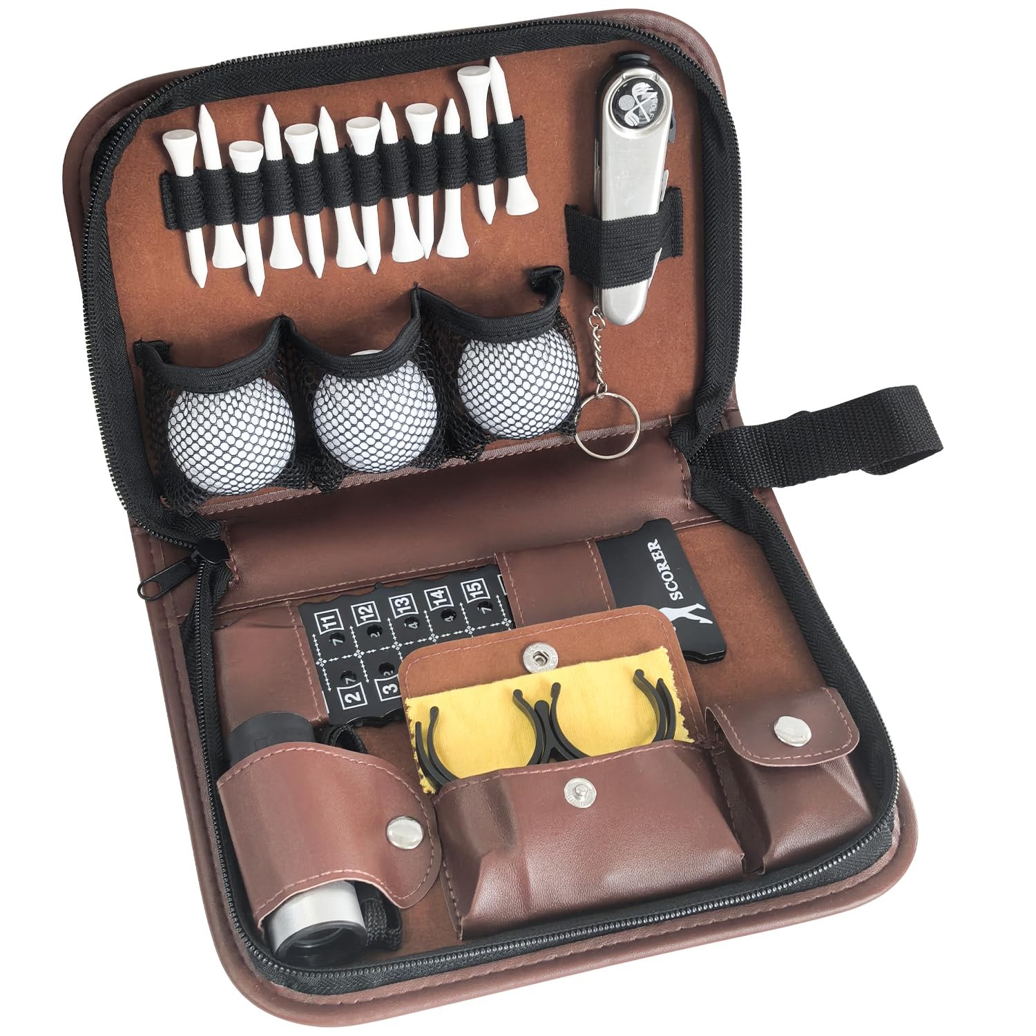 1 PCS Golf Accessories Set Premium Leather Case 3 Balls Rangefinder Tees Brush