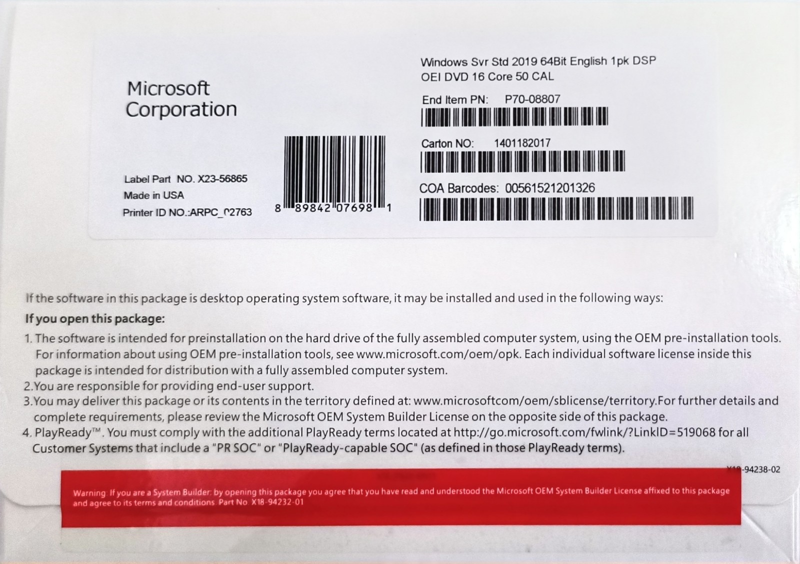 Windows Server Std 2019 64-bit  DVD 16 Core 50 CAL Product Key + Free Shipping
