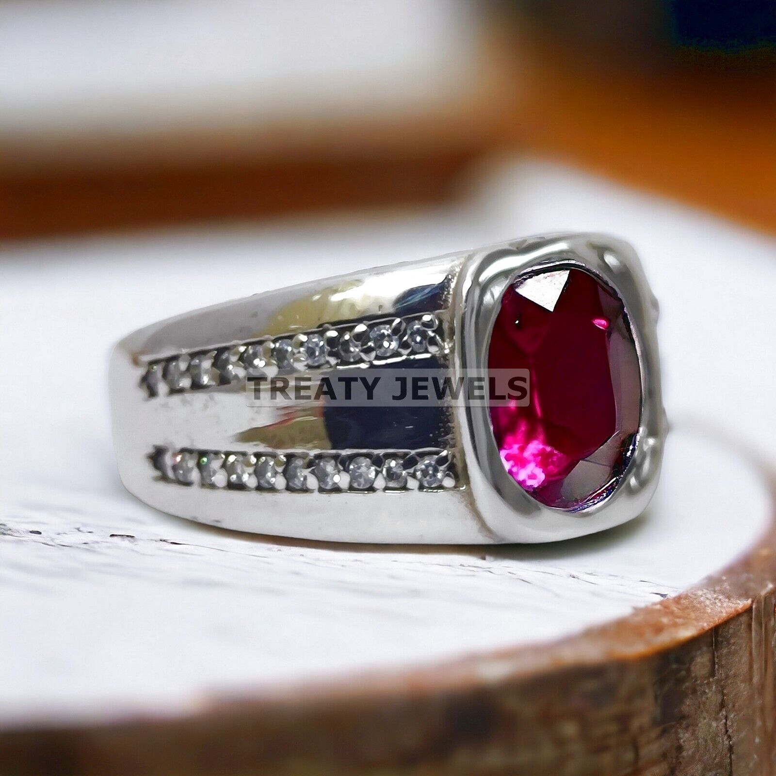Ruby Oval Cut Gemstone With 14K Solid White Gold Ring For Men's #A41