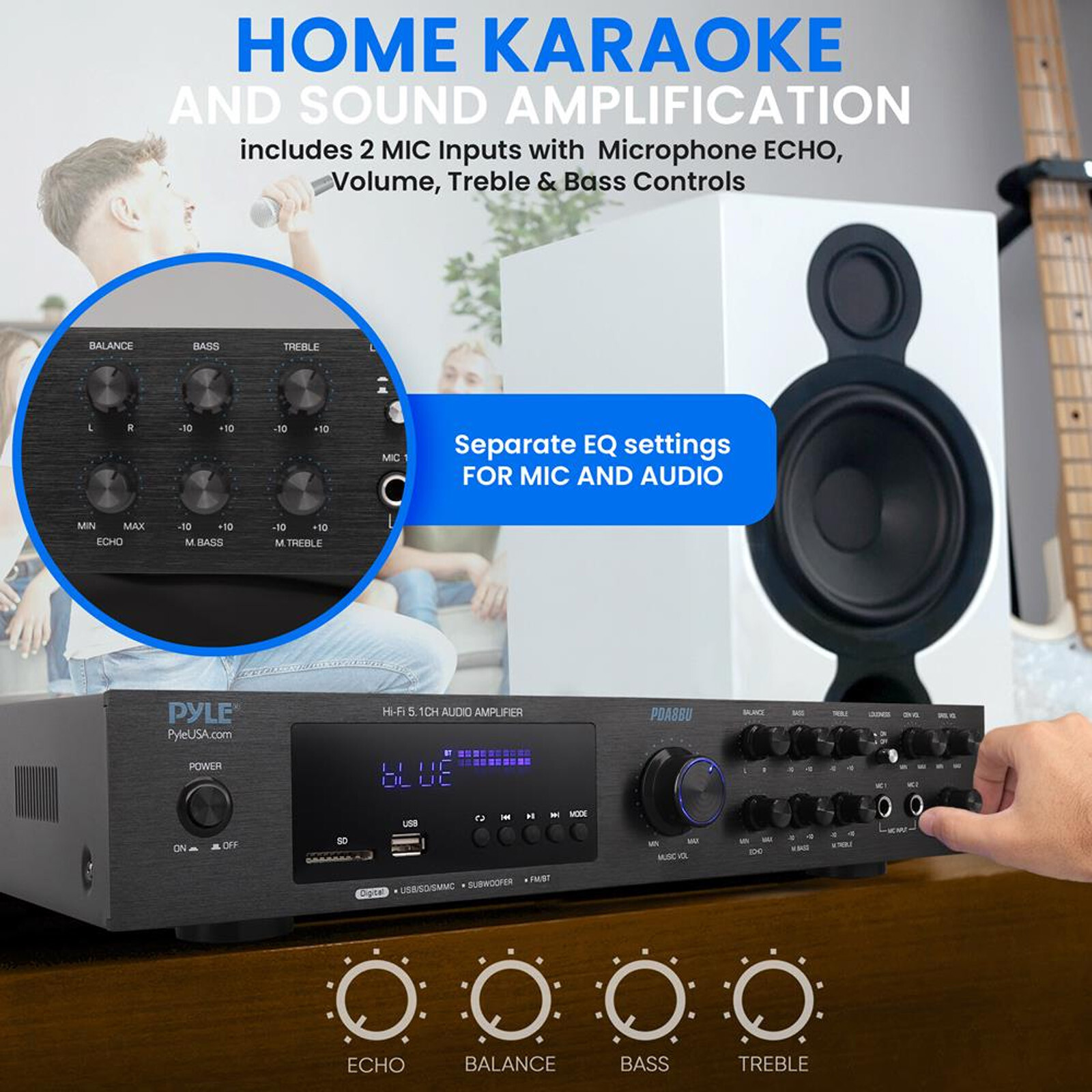Pyle PDA8BU 5.1 Channel Home Audio Bluetooth Receiver, 4x 4" White Speakers,Wire