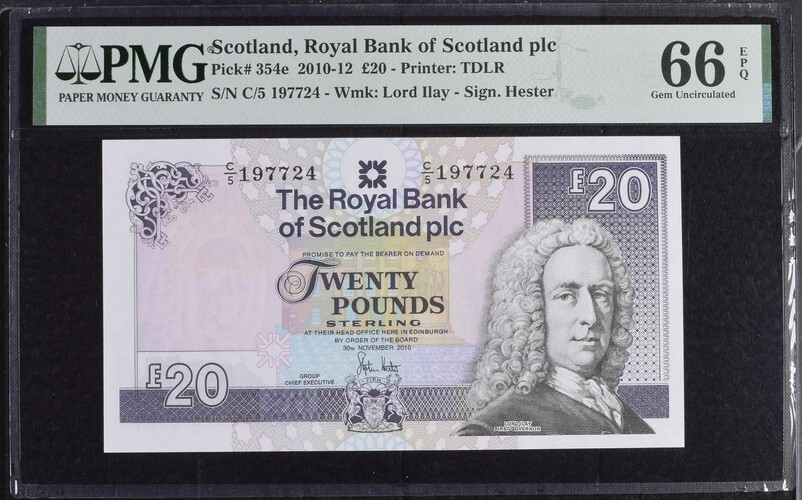 Scotland (Royal Bank) 20 Pounds 2010 P354e UNC / PMG GEM66EPQ