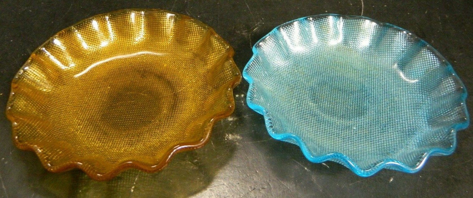 Vintage Amber & Blue Textured Glass Nut Dishes .88" x 5.5" x 5.5" Excellent Cond