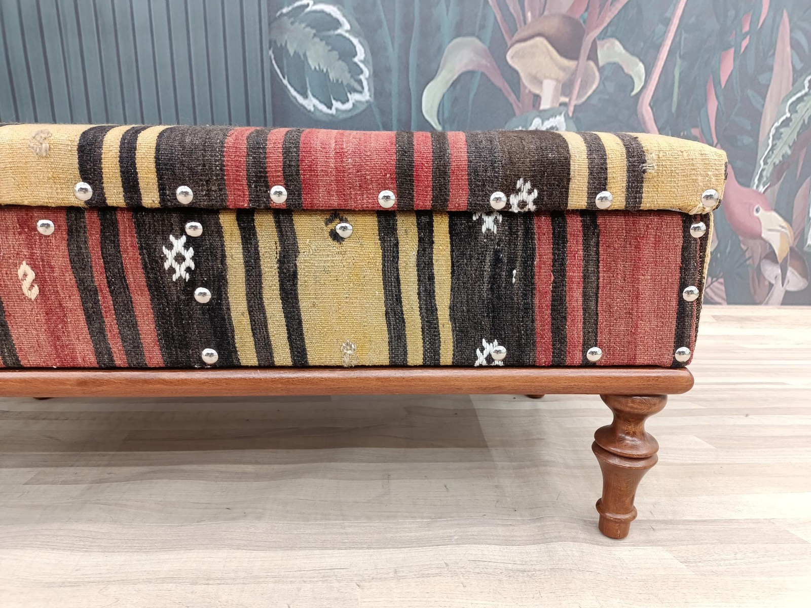 Kilim Storage Ottoman Handmade Wood Bench Upholstered Entry Organizer