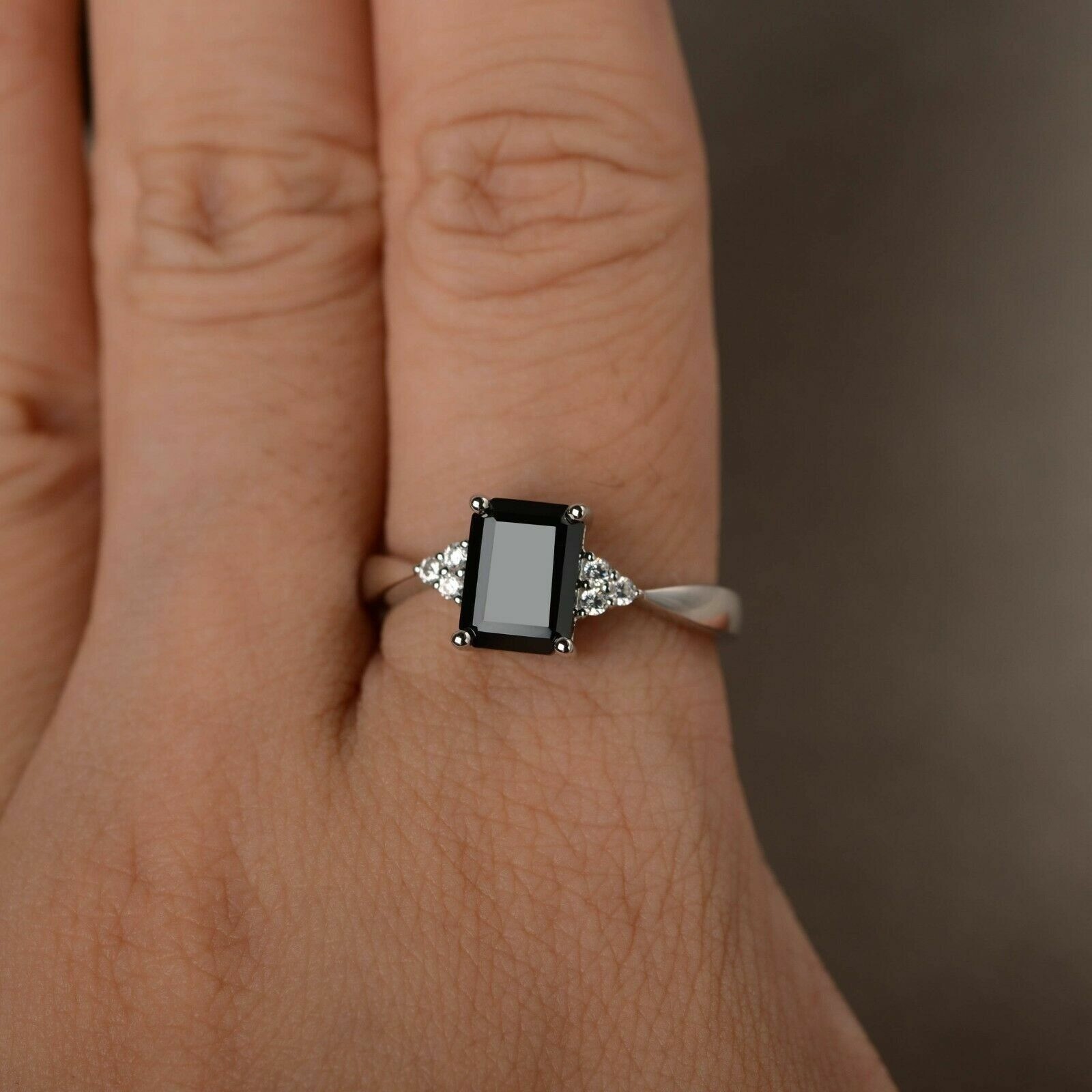 Lab-Created 3.90 Ct Emerald Cut Black Diamond Wedding Ring 925 Sterling Silver