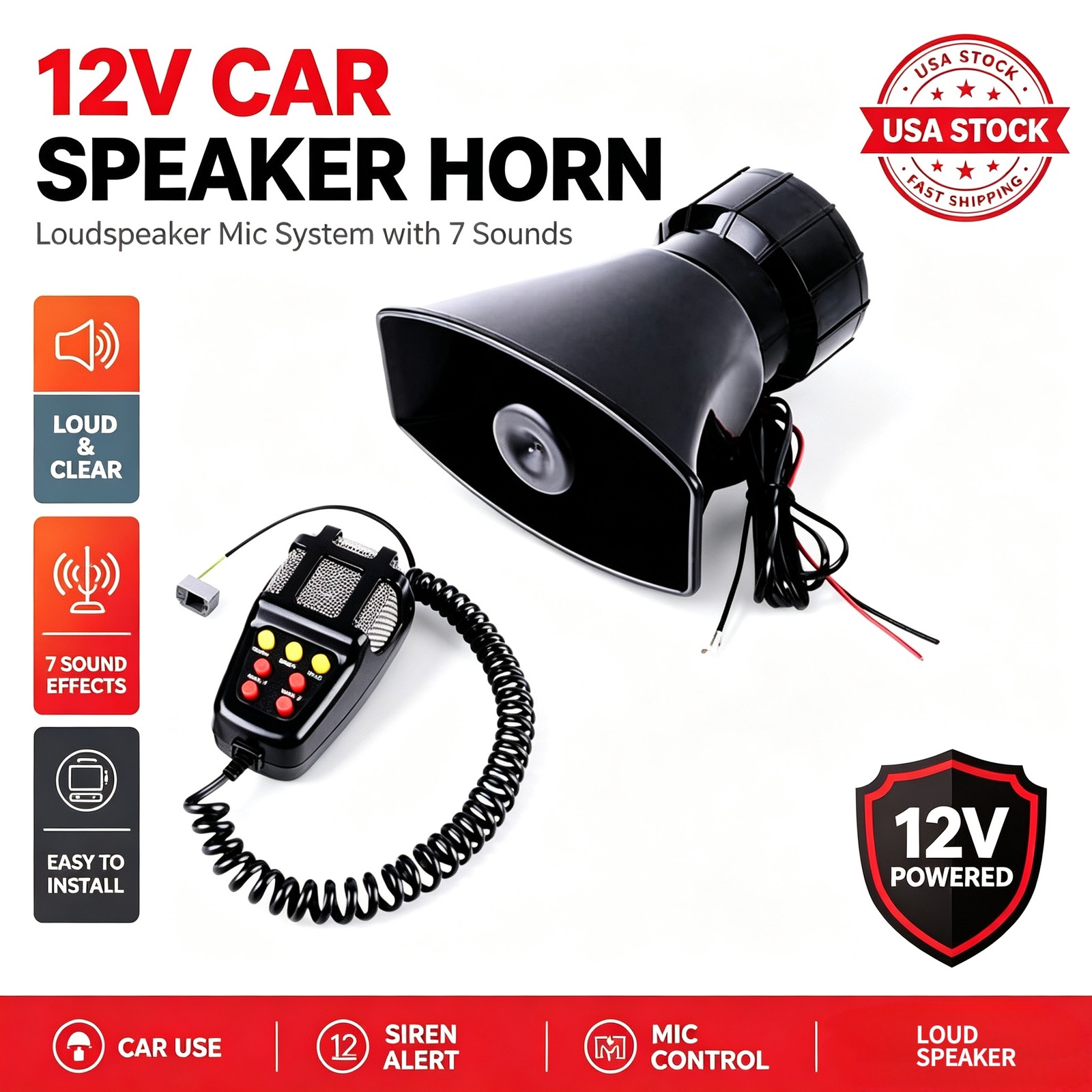 12V Car Air Horn Siren Alarm Loud 110DB Vehicle Warning Speaker Amplifier
