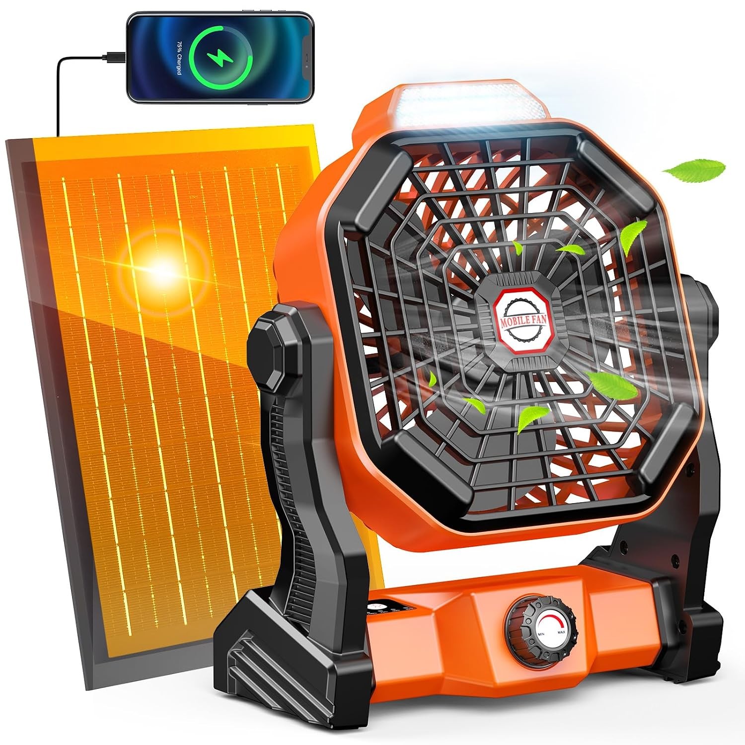 Rechargeable Solar Powered Camping Fan Lantern Portable Orange Color