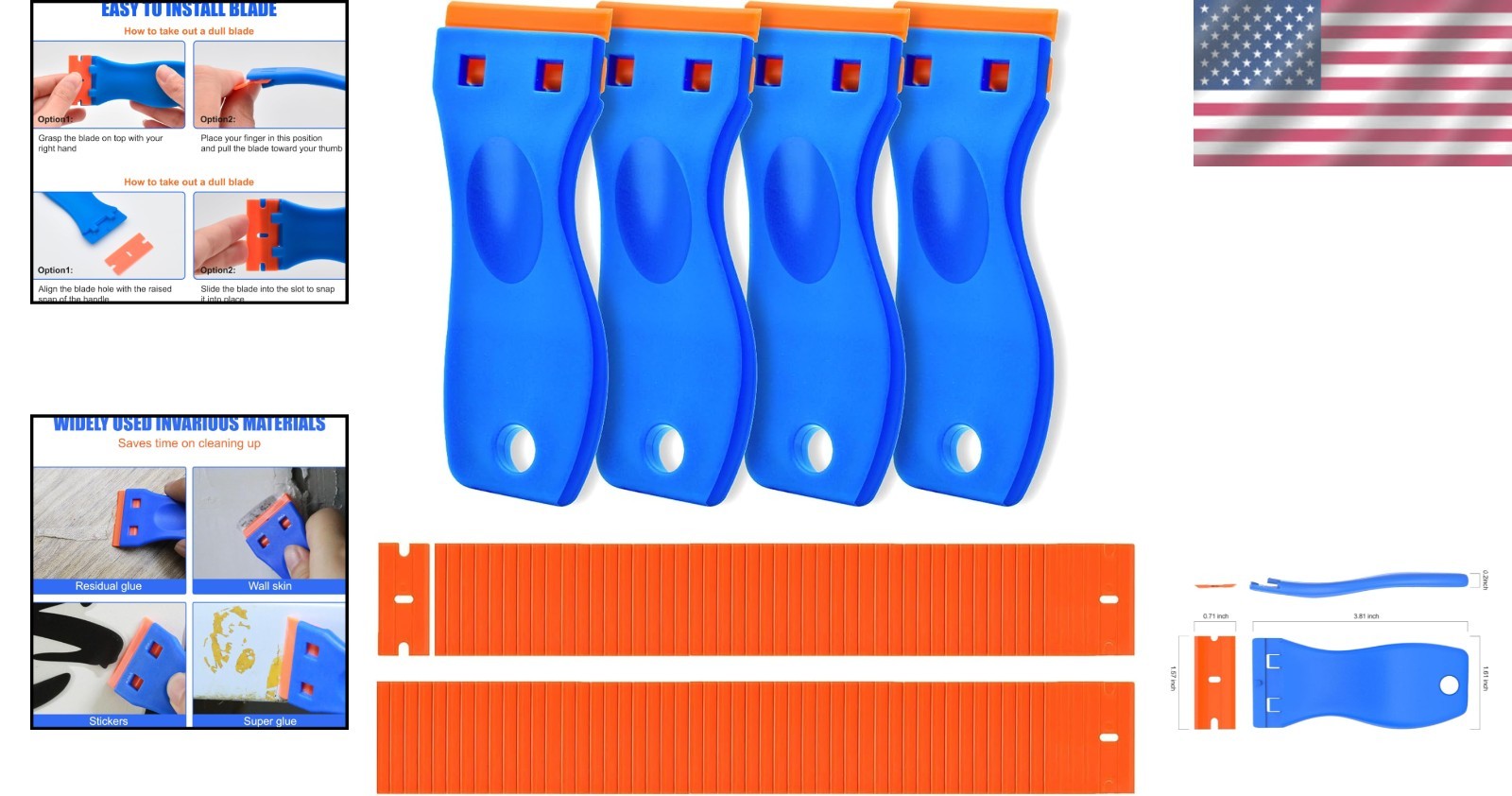 Plastic Razor Blade Scraper 4 Pcs and 120 Pcs Blades, Remove Label Decal Tool.