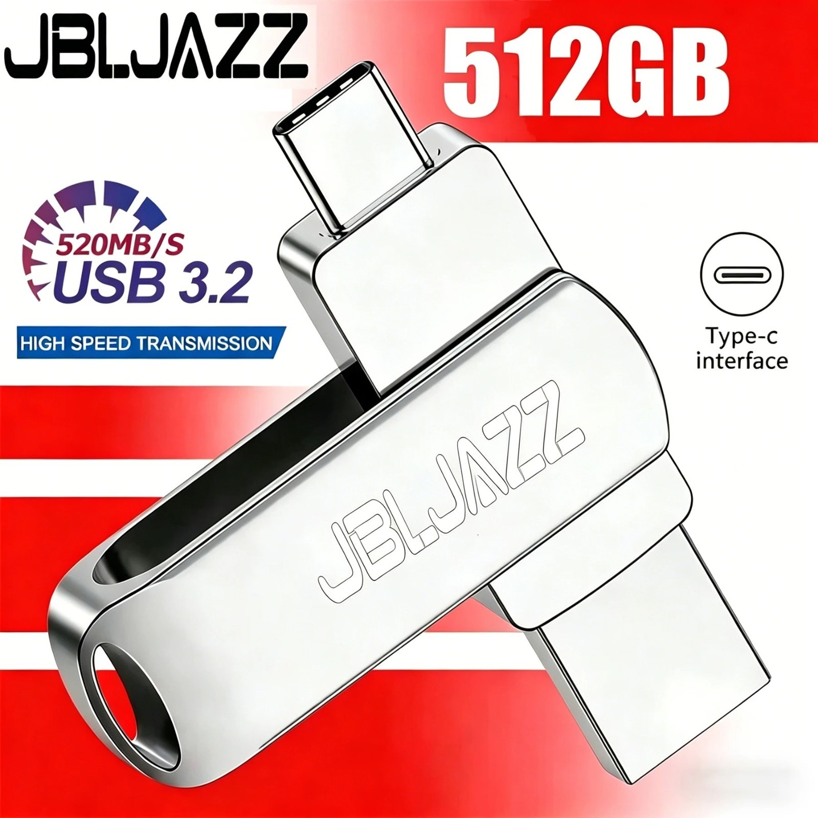 USB 3.2 512GB Type-C 2-in-1 Metal Flash Drive High Speed